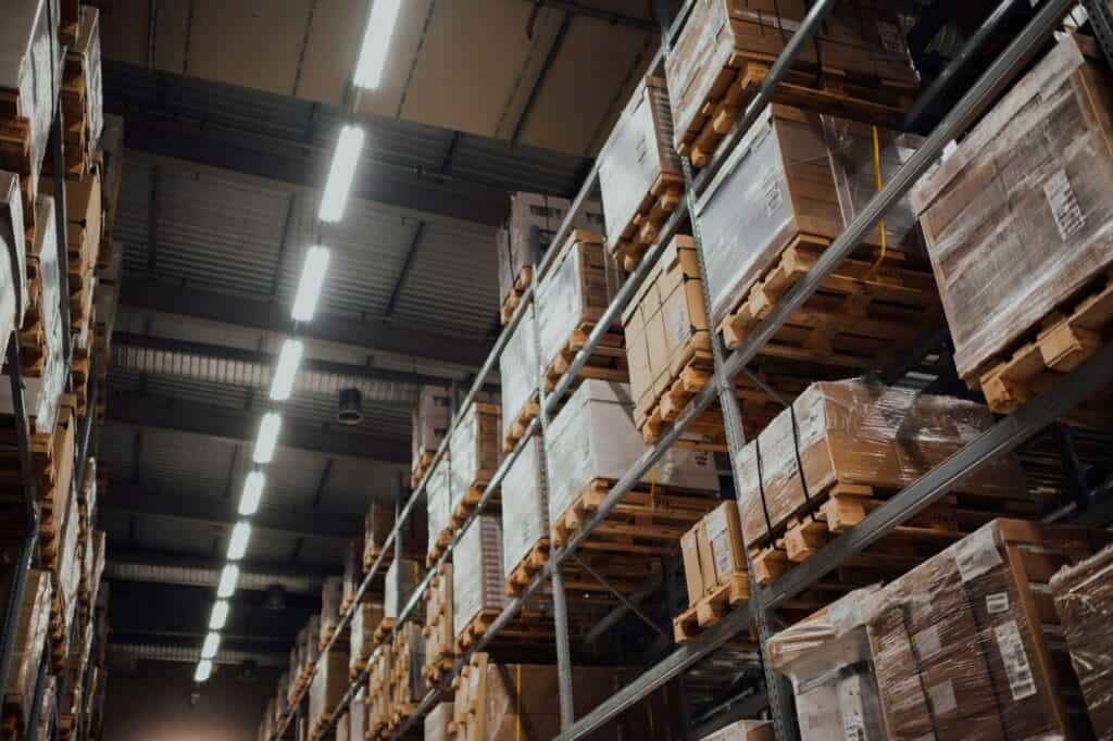 Cardboard boxes stored on warehouse racking