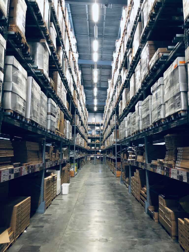 Warehouse aisles stocked with inventory